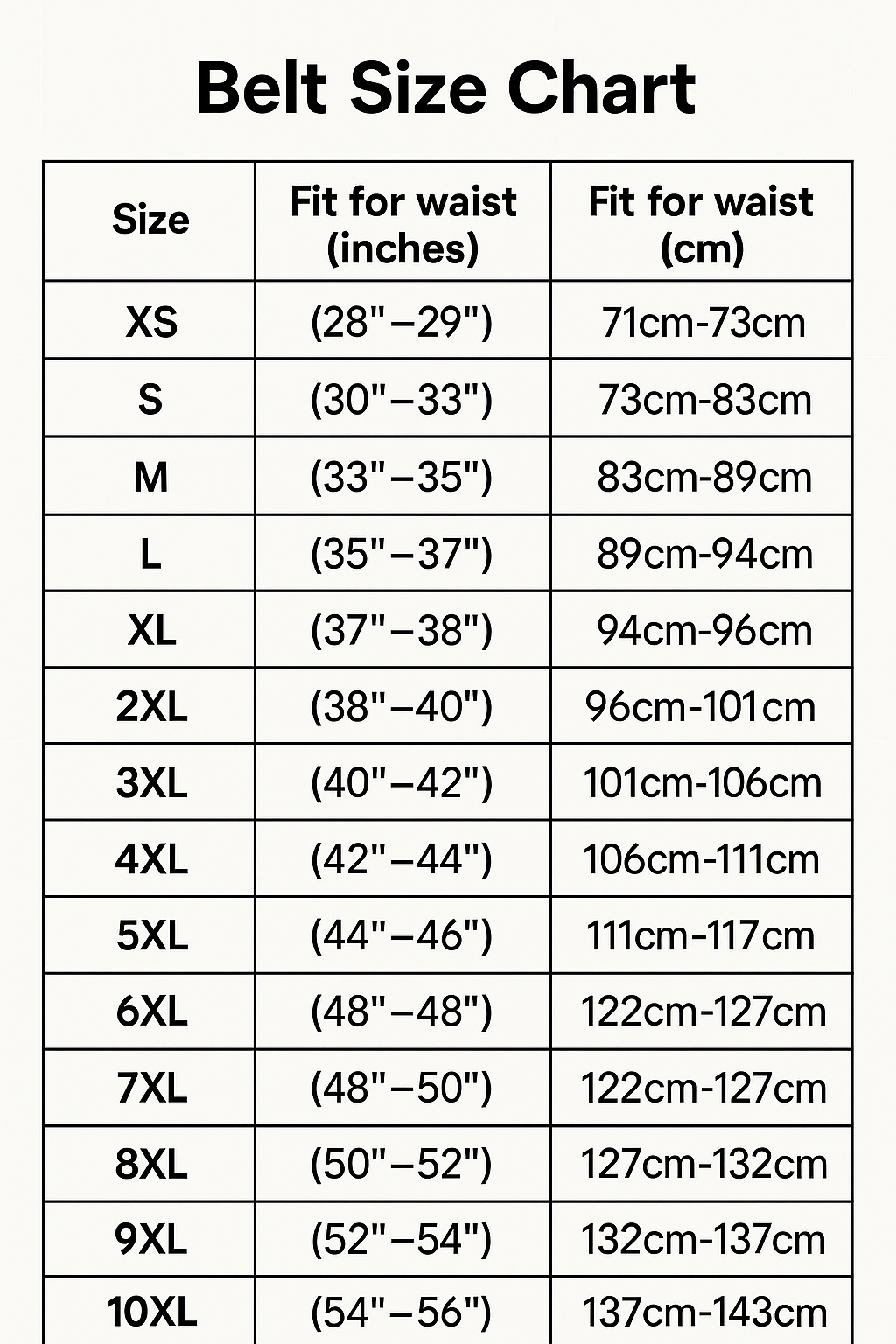Belt size chart
