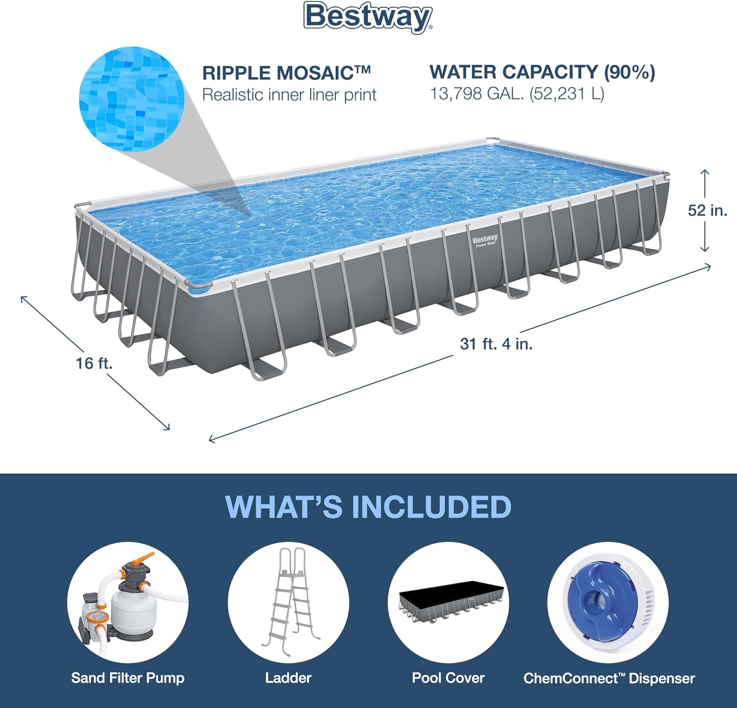 Beltenza 31ft x 16ft x 52in Power Steel Rectangular Above Ground Pool Set - Image 3