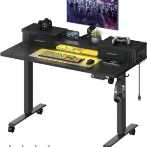 VASAGLE Electric Standing Desk – 47.2" Adjustable Sit-Stand Desk with LED Lights, Drawers, Power Outlets, and Memory Settings – Ink Black