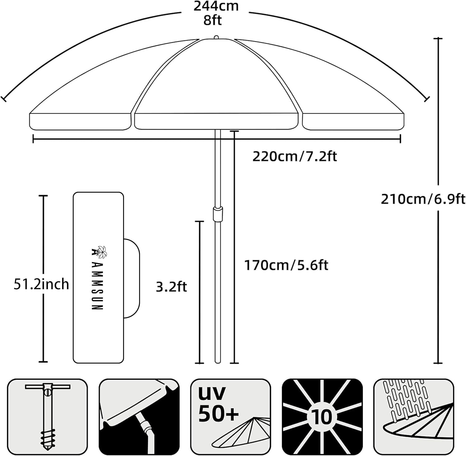 AMMSUN 8FT Beach Umbrella with Sand Anchor – Windproof Outdoor Sunshade with Tilt, Air Vents & UPF 50+ UV Protection for Beach, Pool & Patio - Image 34