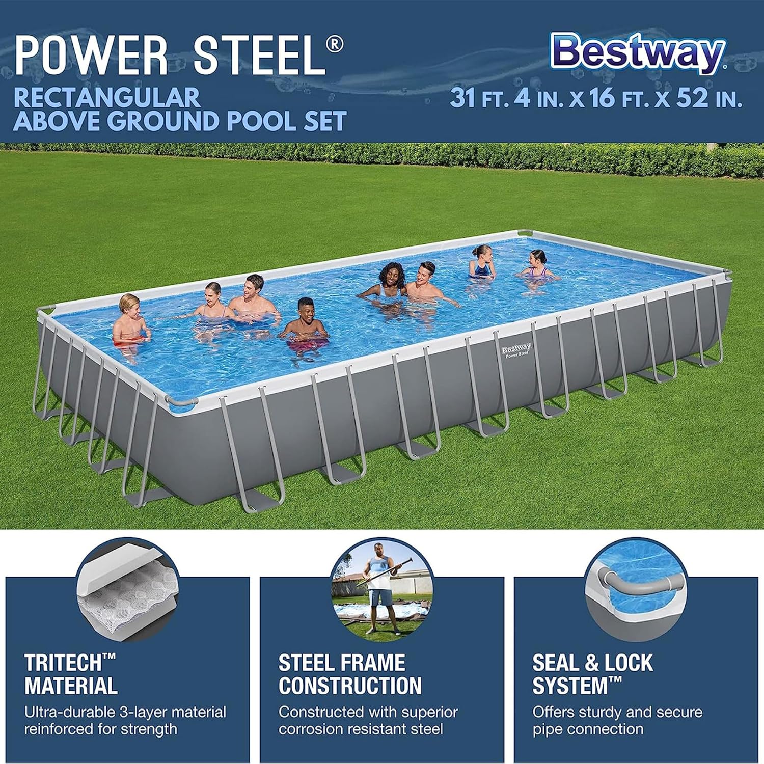 Beltenza 31ft x 16ft x 52in Power Steel Rectangular Above Ground Pool Set